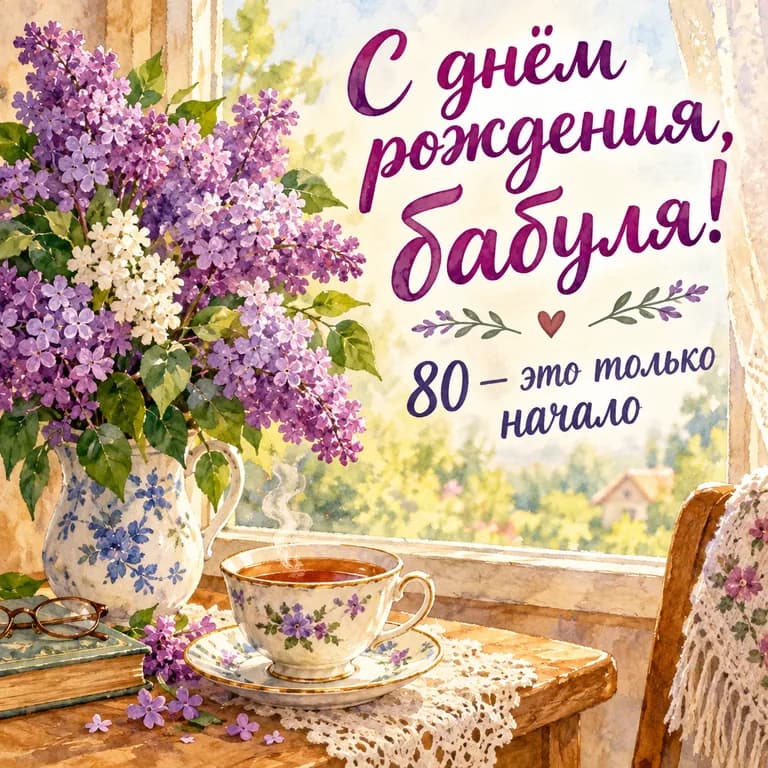 Акварельная открытка: сирень, чашка чая у окна и надпись «С днём рождения, бабуля! 80 — это только начало»