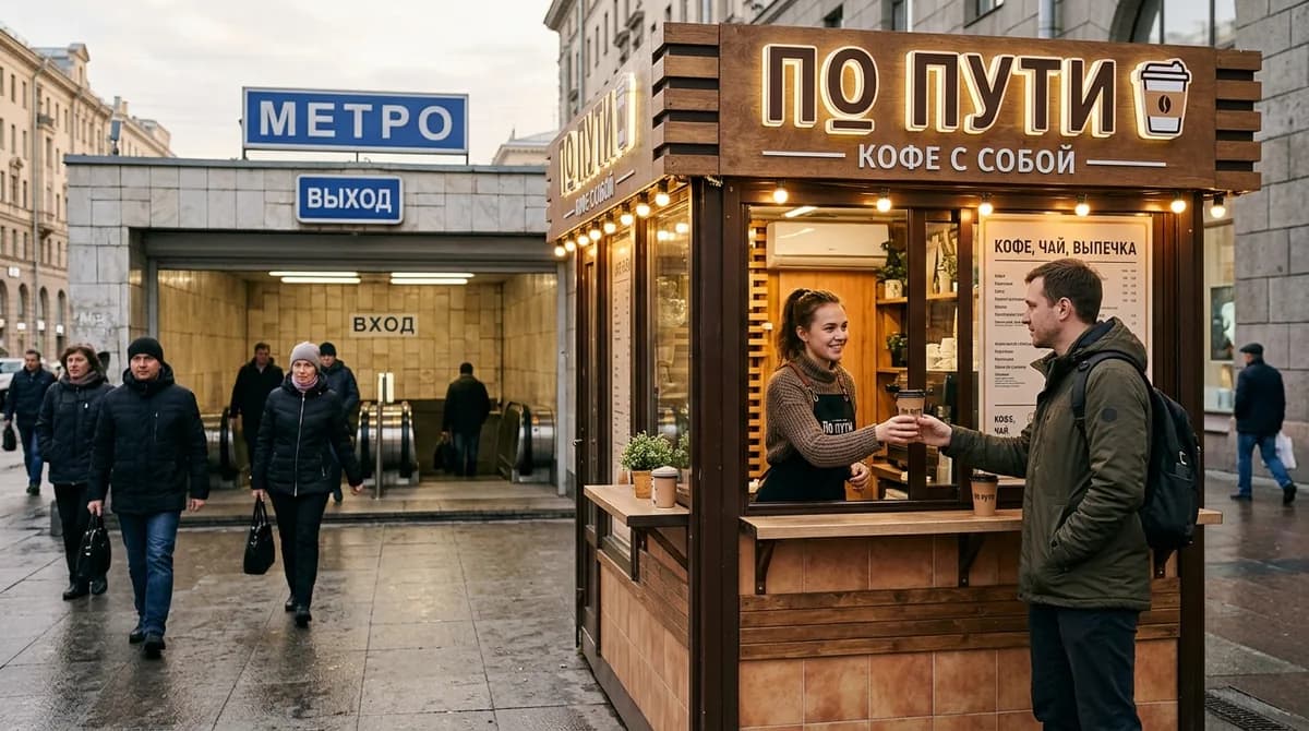Кофейня «По пути» у выхода из метро: бариста протягивает стакан в окно выдачи — картинка Nano Banana 2