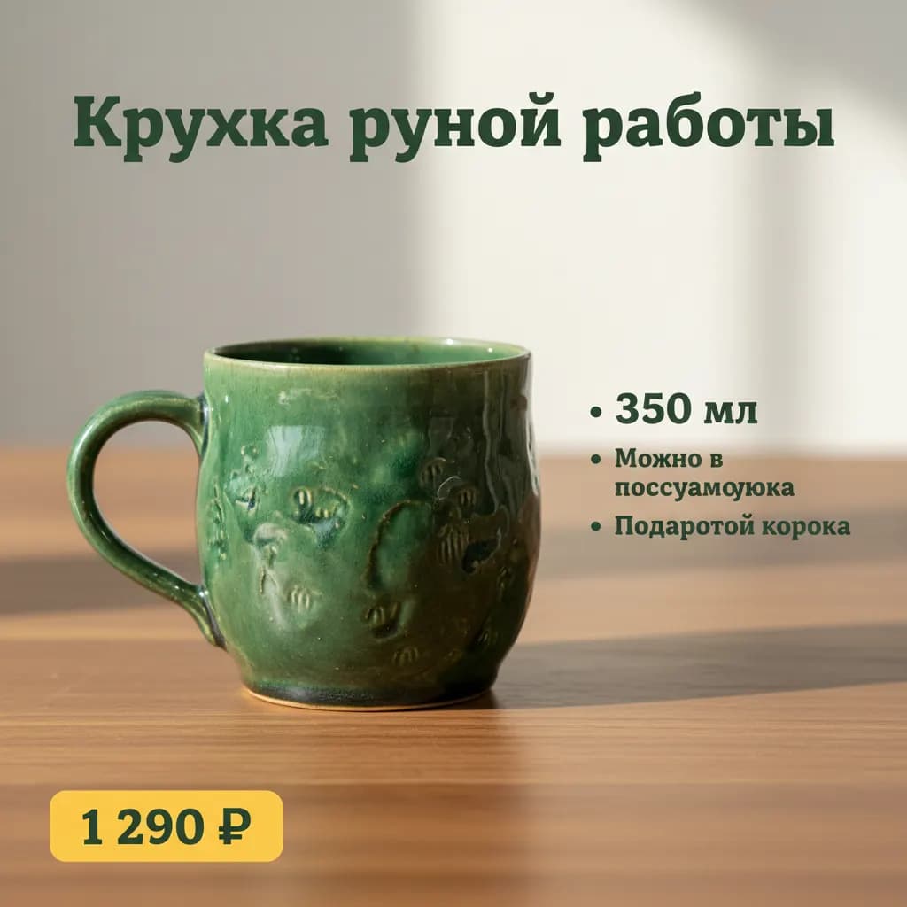Первая Nano Banana: зелёная кружка, заголовок с ошибкой «Крухка руной работы» и пункты с опечатками