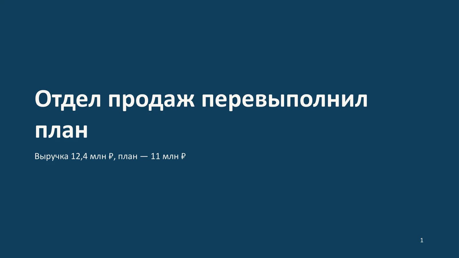 Обложка на тёмно-синем фоне: «Отдел продаж перевыполнил план», ниже — выручка 12,4 млн ₽, план — 11 млн ₽