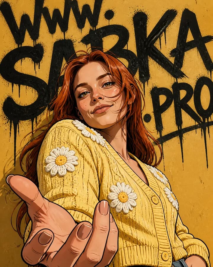 Графичный рисованный персонаж с ромашками на фоне стены с граффити