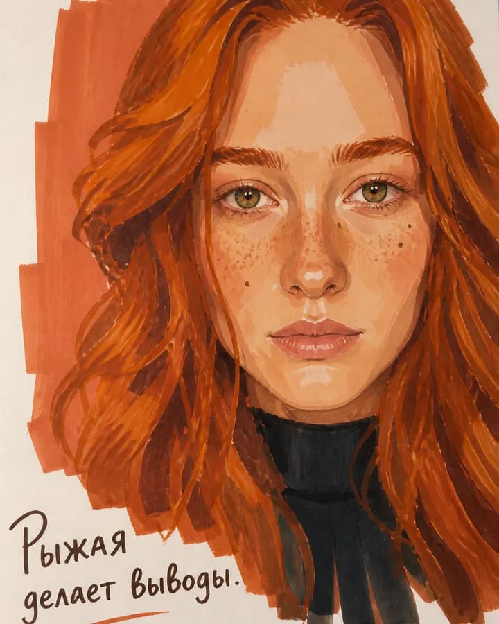 Рыжая девушка, нарисованная толстыми маркерами, с подписью «Рыжая делает выводы»