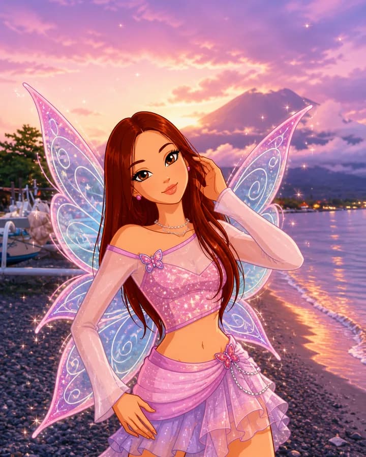 Рисованная фея с крыльями на берегу на закате в стиле Winx